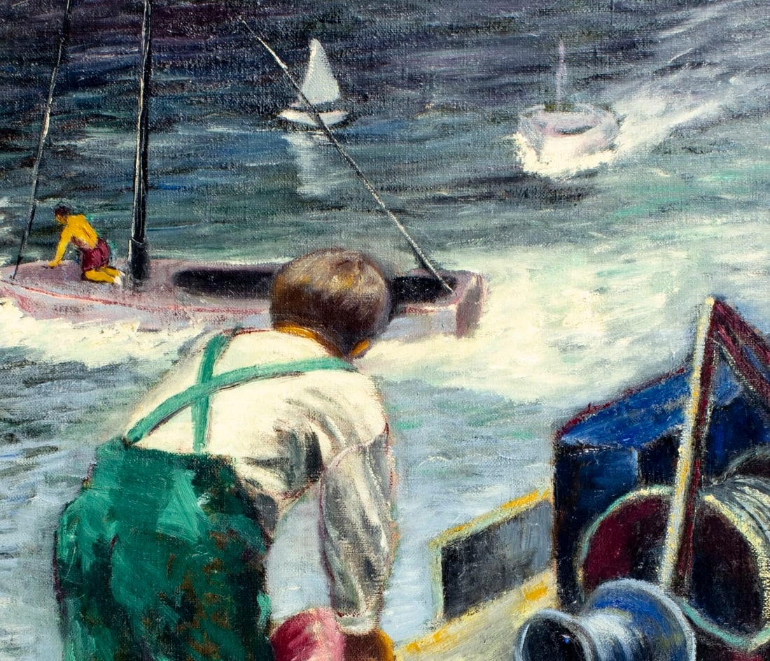 Artwork by Joseph Biel, Fisherman at Work on Dock, Made of oil on canvas