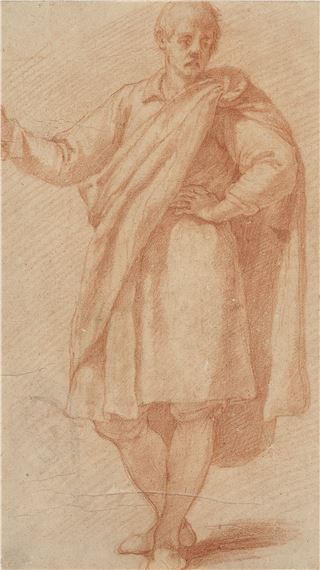 Étude d'homme debout en manteau (recto); Esquisse d'homme debout au chapeau avec reprise de la main gauche tenant une épée (verso) by Jacopo Chimenti