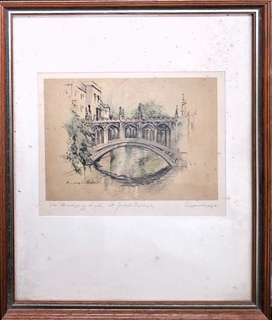 Artwork by Marjorie Bates, Small colour tinted print by Marjorie Bates depicting The Bridge of Sigh, St John's College,, Made of glass