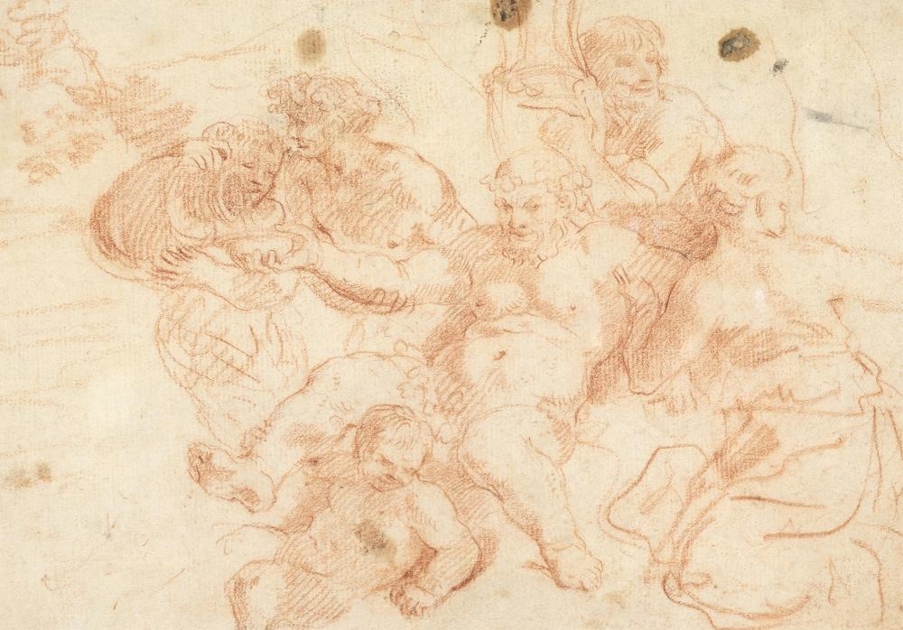 Artwork by Correggio, Bacchus Surrounded by Nymphs, Made of red chalk on paper