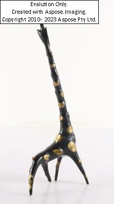 Artwork by Walter Bosse, (Wien 1904-1979 Iserlohn), 3 Tierfiguren, "Giraffe", "Kuh (Stifthalter)" u. "Zebra "Salz- u. Pfefferhalter), für Herta Baller um 1950/60, vollplastische, teilw. patinierte Bronzegüsse, Höhen 18, 7,5 u. 11 cm, Altersspuren, partiell abgerieben, deckel der Streuer beschädigt, Made of Bronze