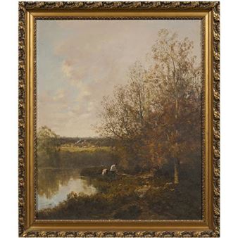 A French landscape with figures working on a river bank - Gerard Buysen