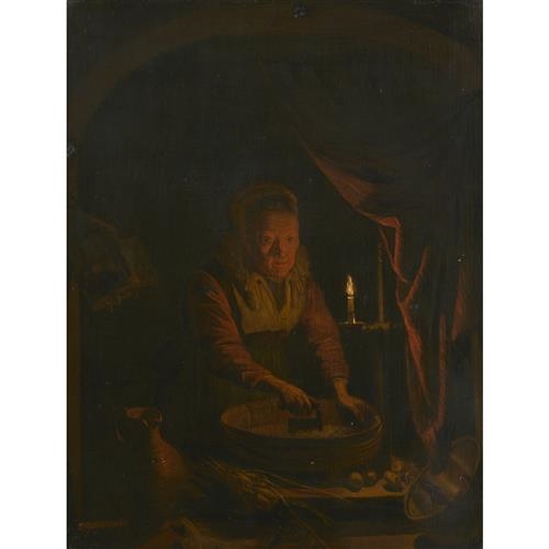 Artwork by Pieter Geerard Sjamaar, A kitchen maid working by candle light, Made of Oil on oak panel