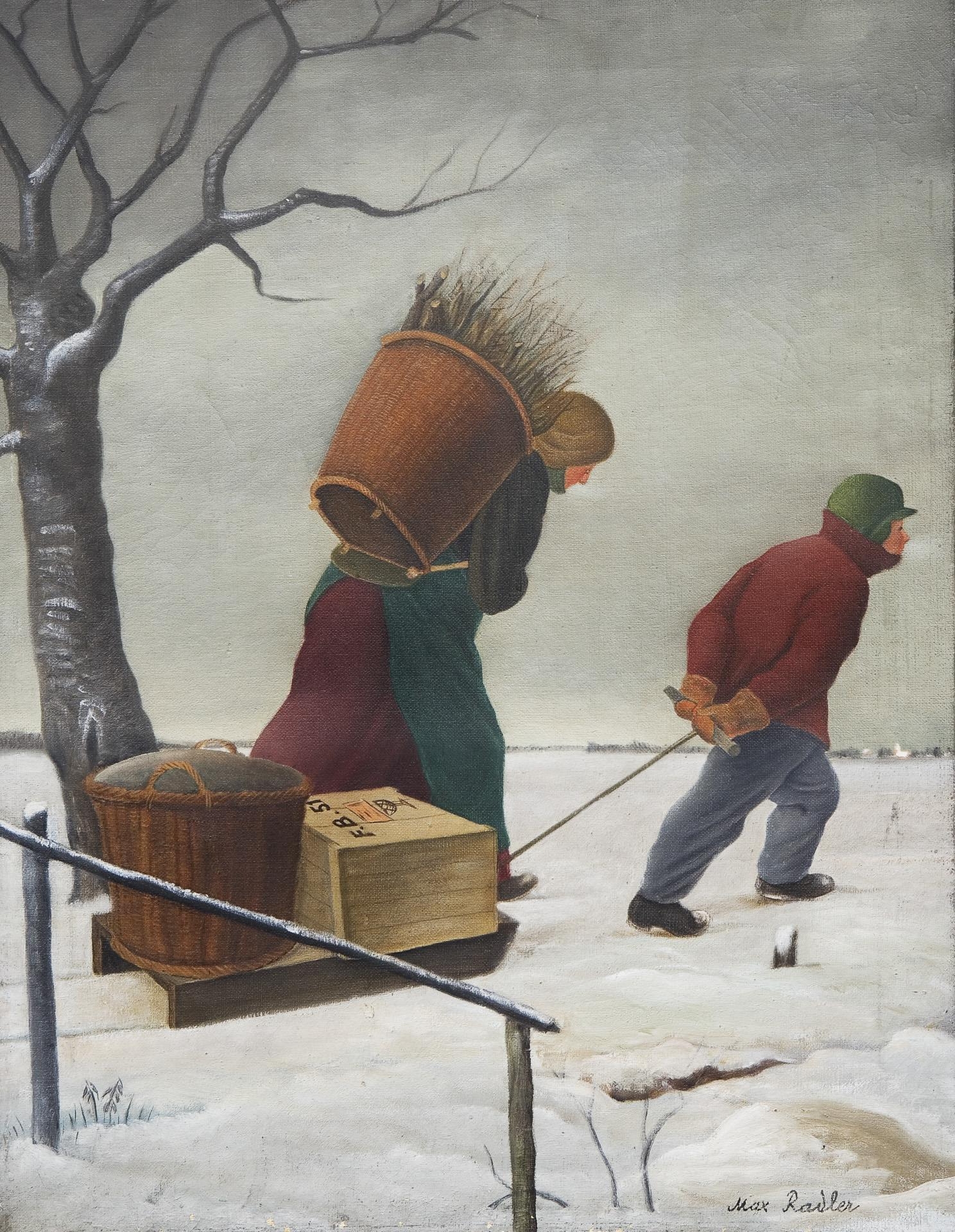 Artwork by Max Radler, Traveling collector and son in a snowy landscape, Made of Oil on canvas