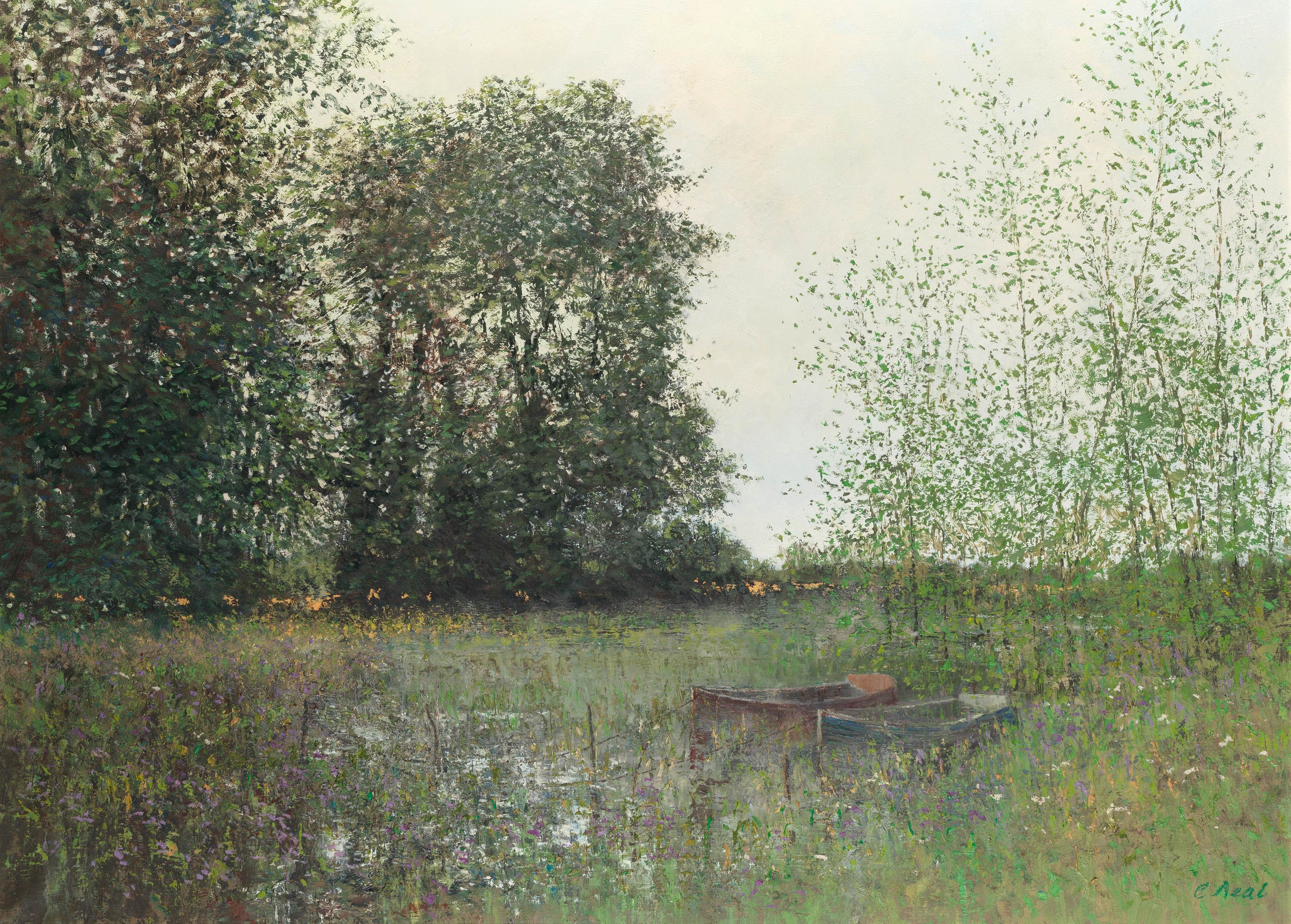 Artwork by Charles Neal, Moored boats on a lake, Made of oil on canvas