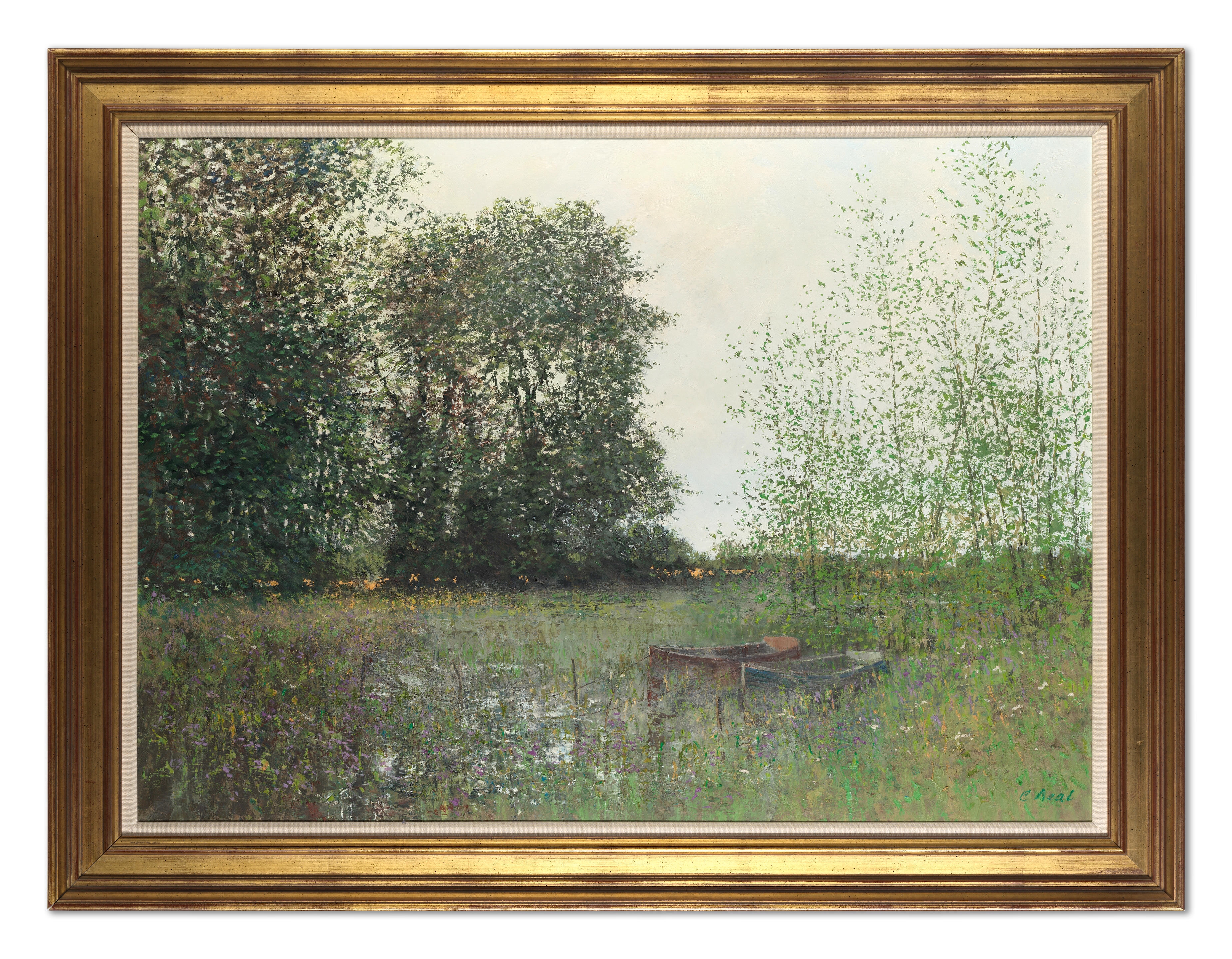 Artwork by Charles Neal, Moored boats on a lake, Made of oil on canvas