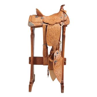 Dave Silva Sterling Silver Mounted Tooled Leather Saddle on Wood Stand - Dave Silva