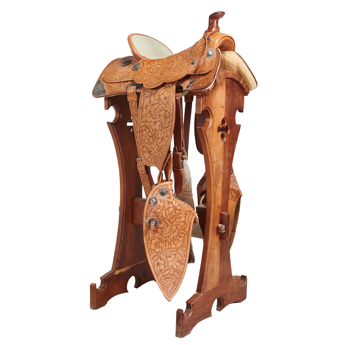 Artwork by Dave Silva, Dave Silva Sterling Silver Mounted Tooled Leather Saddle on Wood Stand, Made of Sterling Silver Mounted