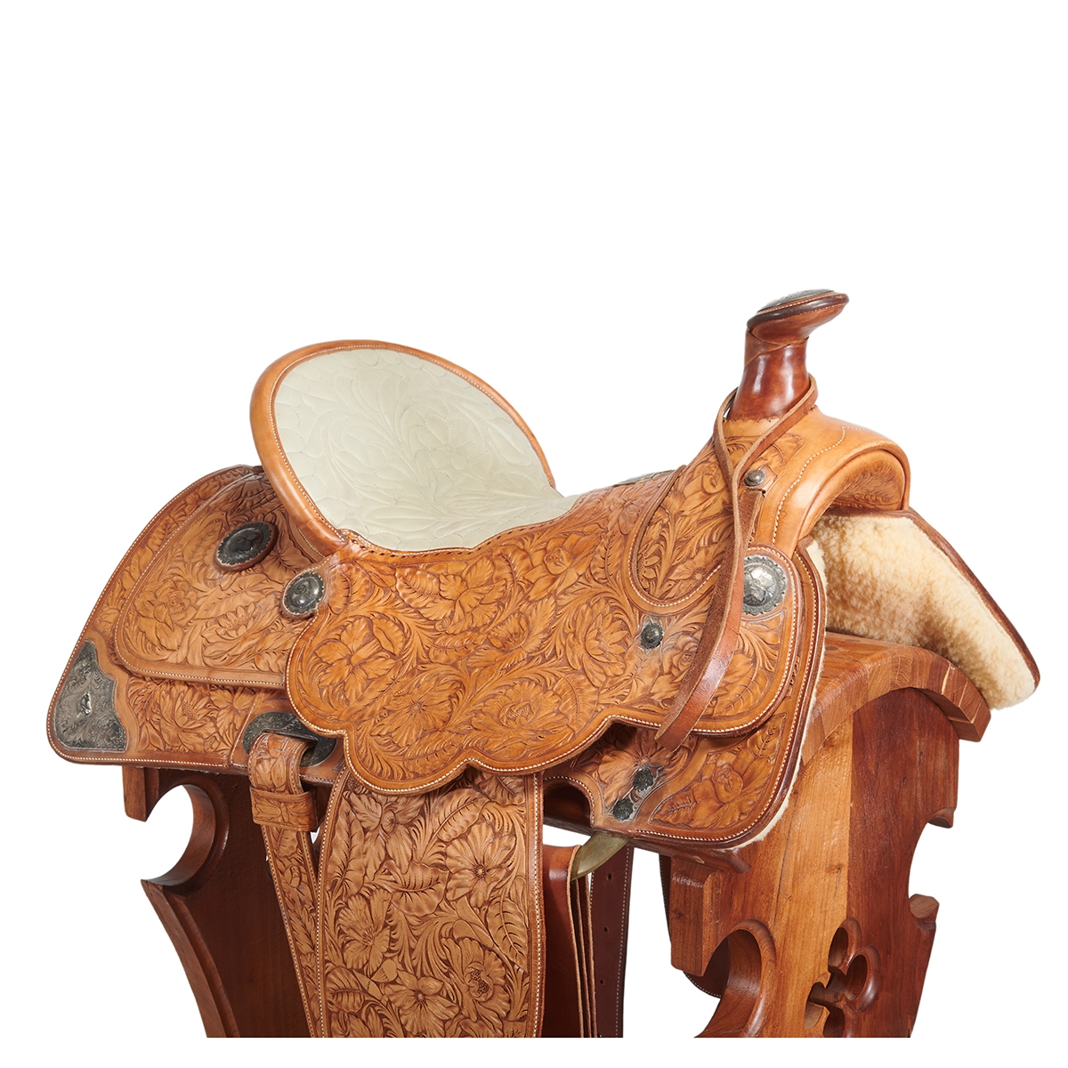 Artwork by Dave Silva, Dave Silva Sterling Silver Mounted Tooled Leather Saddle on Wood Stand, Made of Sterling Silver Mounted