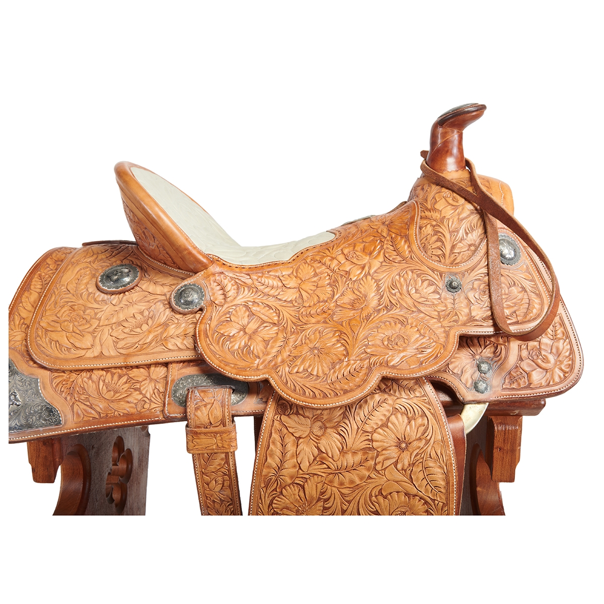 Artwork by Dave Silva, Dave Silva Sterling Silver Mounted Tooled Leather Saddle on Wood Stand, Made of Sterling Silver Mounted