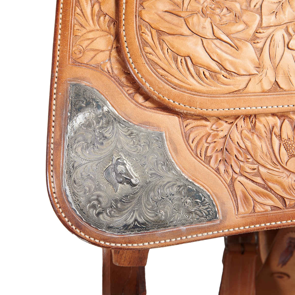 Artwork by Dave Silva, Dave Silva Sterling Silver Mounted Tooled Leather Saddle on Wood Stand, Made of Sterling Silver Mounted