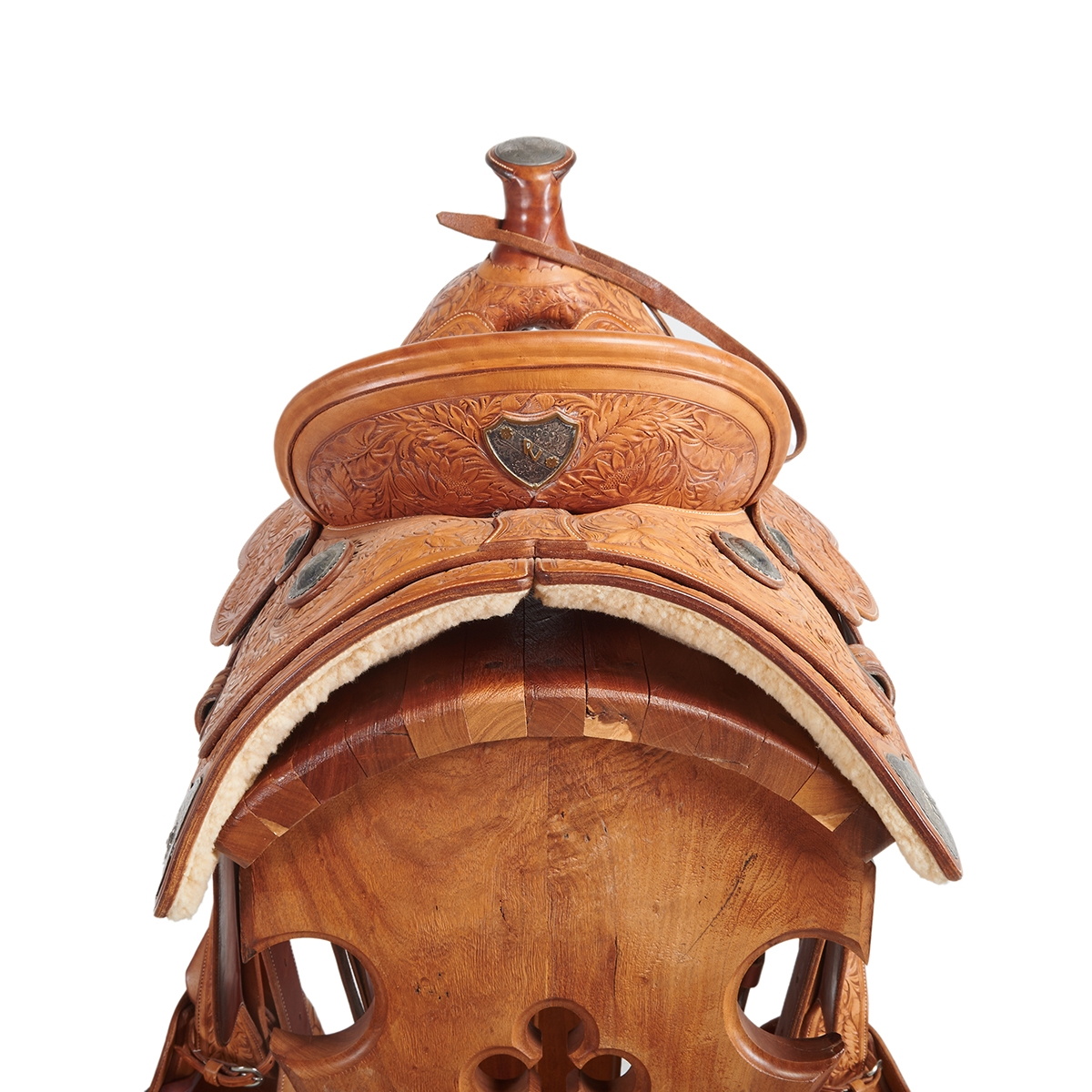 Artwork by Dave Silva, Dave Silva Sterling Silver Mounted Tooled Leather Saddle on Wood Stand, Made of Sterling Silver Mounted