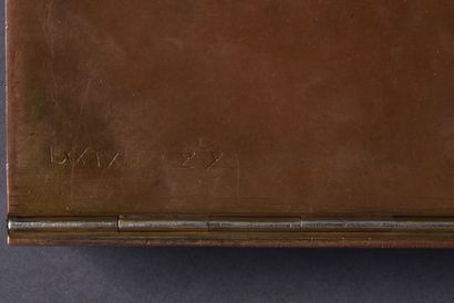 Artwork by Jean Goulden, Jean GOULDEN (1878-1946). Card game box in brass and champlevé enamel with geometric decoration, Made of preparatory drawing