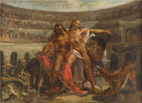 DER TOD DER GLADIATOREN IN DER ARENA EINES ANTIKEN AMPHITHEATERS