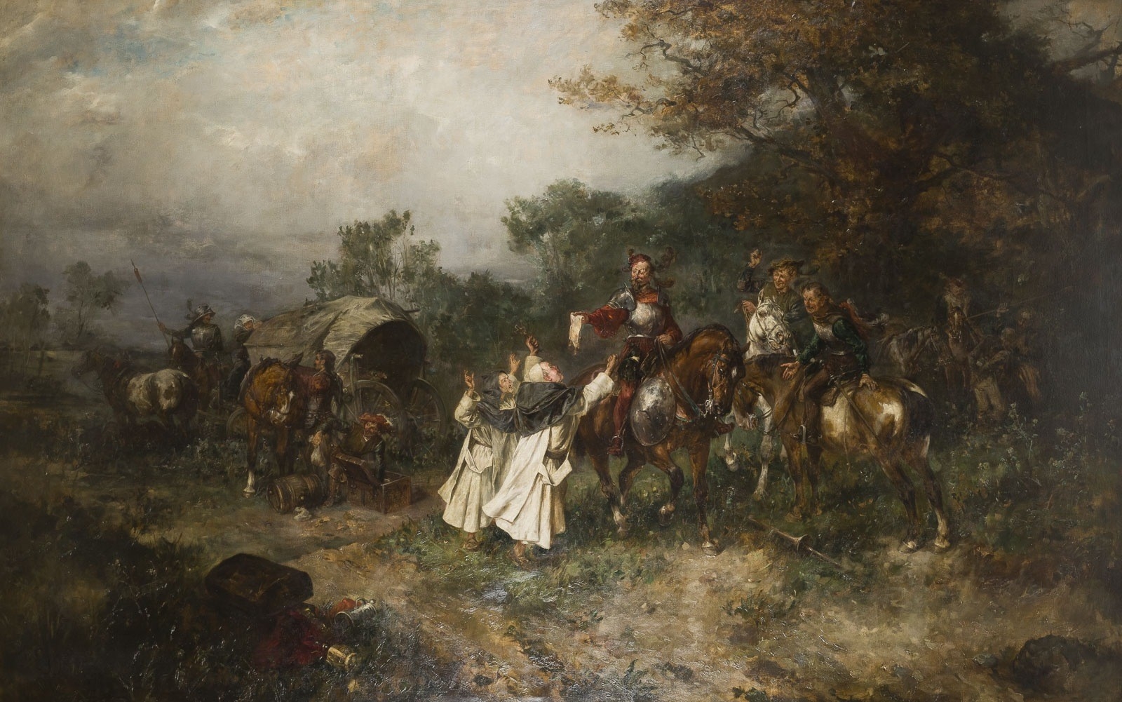 Artwork by Gustav Eggena, MONUMENTALGEMÄLDE MIT DARSTELLUNGEN VON VERMUTLICH STEUEREINNEHMERN UND MÖNCHEN AUF EINEM WALDWEG. 1897, Made of Oil on canvas