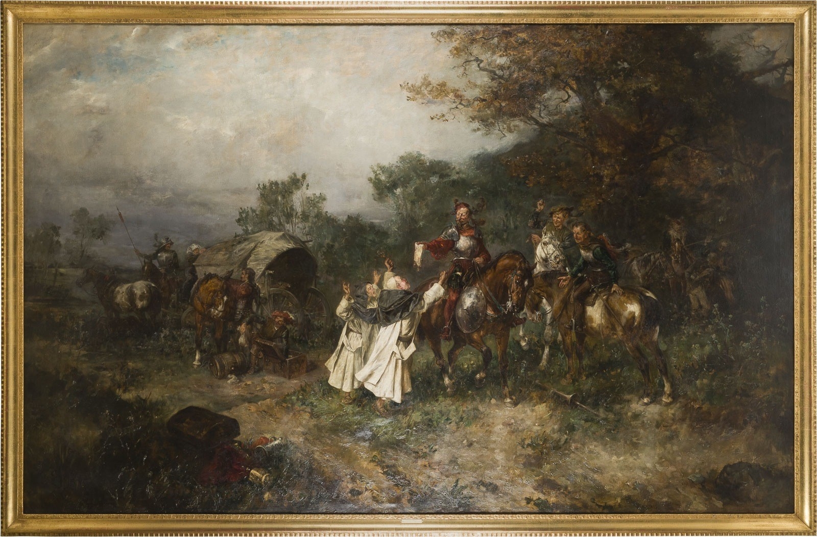 Artwork by Gustav Eggena, MONUMENTALGEMÄLDE MIT DARSTELLUNGEN VON VERMUTLICH STEUEREINNEHMERN UND MÖNCHEN AUF EINEM WALDWEG. 1897, Made of Oil on canvas