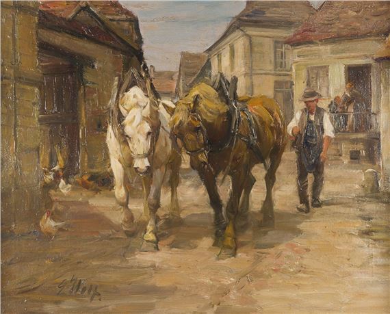 BAUER MIT PFERDEWAGEN IN EINER DORFSTRASSE by Georg Wolf, 1882