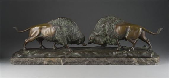 ZWEI KÄMPFENDE BISONS by M. Bauer, 1900