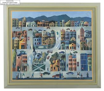 A colorful, stylized cityscape painting filled with buildings, people, and vehicles.