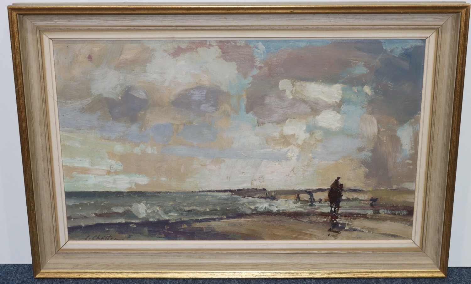 Geoffrey Chatten | depicting a beach scene with figure on horseback ...