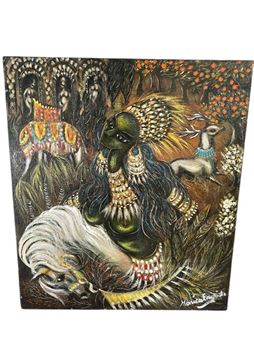 Monica English, Asian bejewelled woman on horseback, oil on board, signed lower right - Monica English