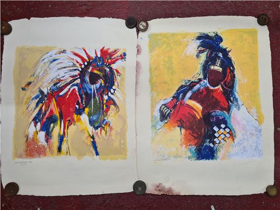 t Hart. Both feature colourful and bold portraits of Shamanic figures from his extensive travels. Signed numbered and dated 1999 lower in pencil. These two prints would look fabulous framed as a pair. Same prints can be seen for sale at €75 each on vanbellencolour.nl
MM: 69cm x 89cm

Gerard by Gerard 't Hart, dated 1999