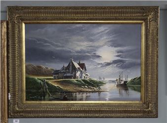 A moody landscape painting of a riverside village under a dramatic, cloudy sky.