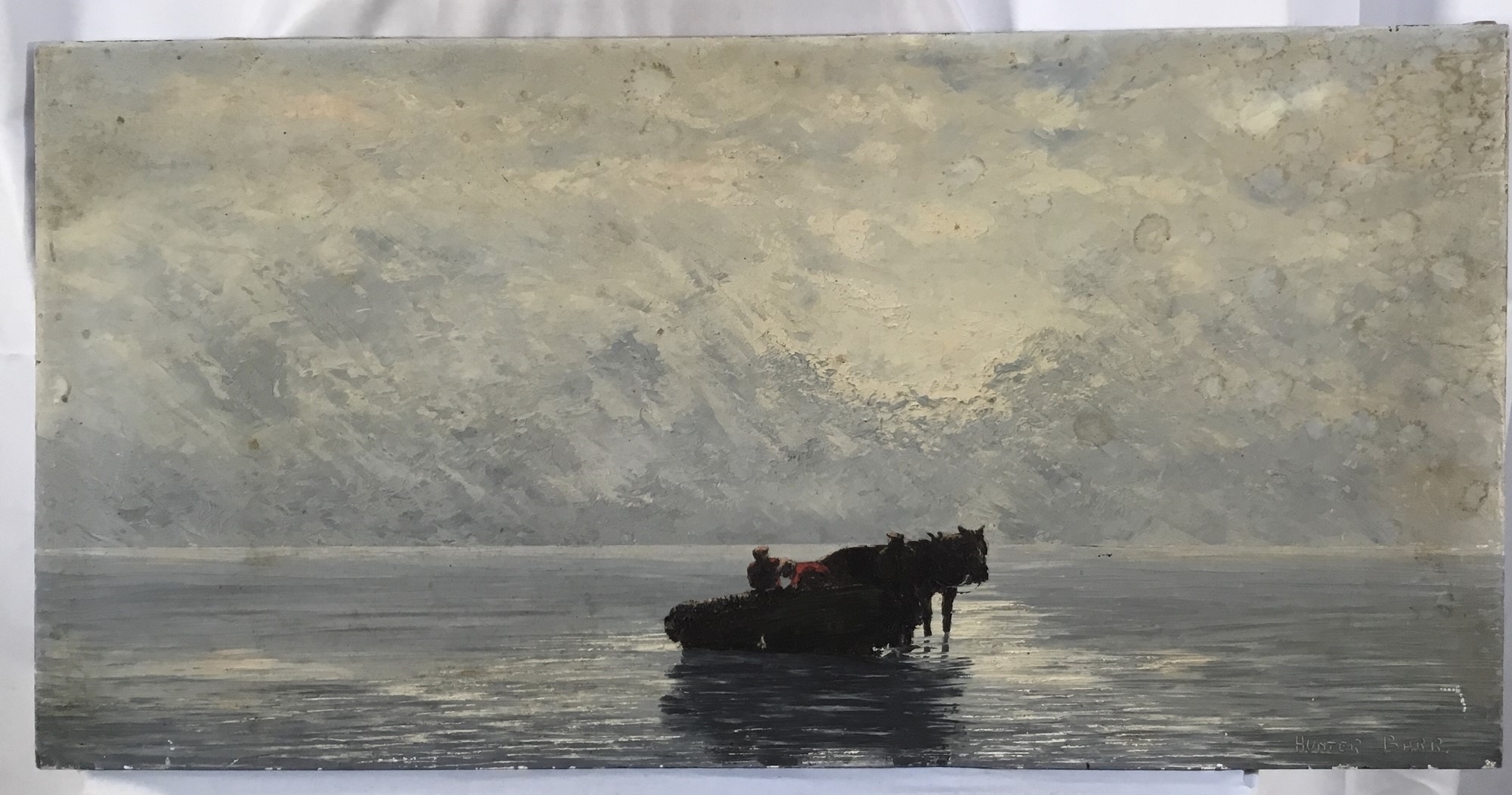 Artwork by Hunter Barr, Unloading the catch, Made of oil on board