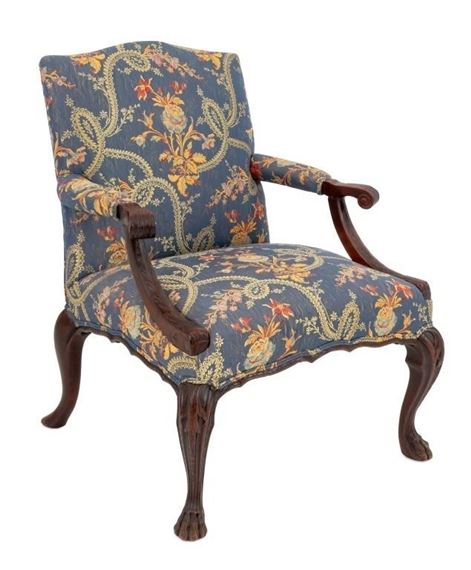 George | George II Style Mahogany and Blue Silk Armchair | MutualArt