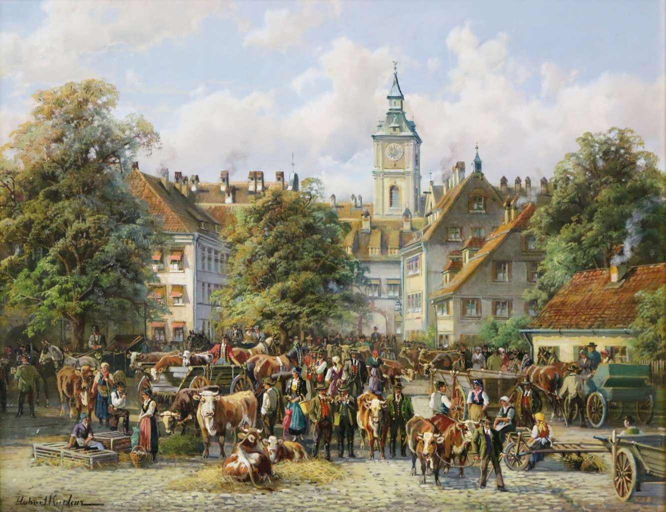 Artwork by Hubert Kaplan, Bauernmarkt am Tegernsee, Made of oil on wood