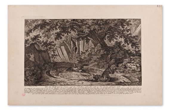 A detailed woodcut print of a dense forest scene featuring a large tree, a waterfall, and a seated figure.