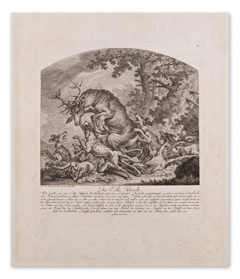 A dramatic monochromatic print depicting a mythical beast attacking smaller creatures in a forest setting.