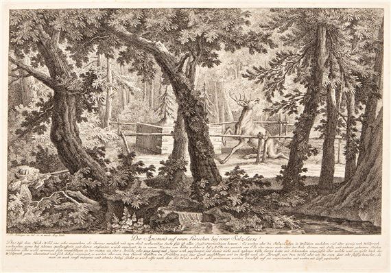 Der Anstand auf einen Hirschen bey einer Salz-Lecke. by Johann Elias Ridinger