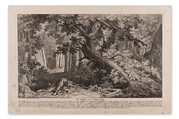 A detailed woodcut print of a forest scene featuring a large tree and a figure in the undergrowth.