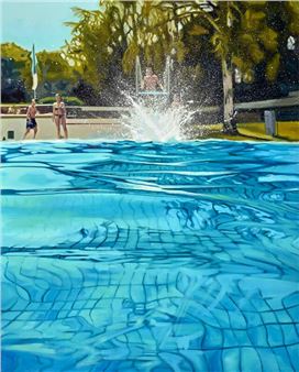 A vibrant painting of a swimming pool scene with figures in the background and a lifeguard tower.