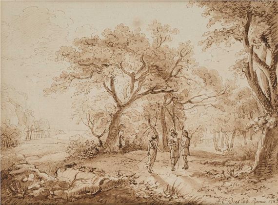 A sepia-toned landscape sketch featuring a group of figures under a large tree.