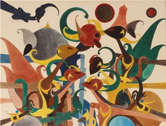 A vibrant abstract composition featuring stylized bird-like figures amidst swirling organic shapes and bold geometric forms.