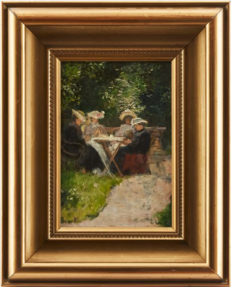 Trädgårdsscen med kvinnor runt ett bord - Emma Ekwall