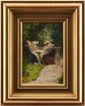 Trädgårdsscen med kvinnor runt ett bord - Emma Ekwall