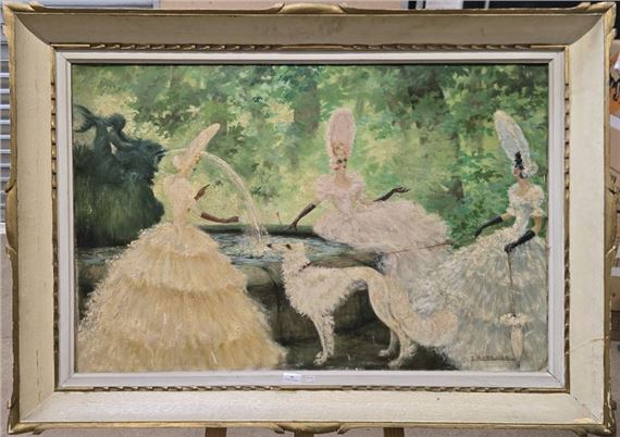A whimsical painting of three figures in elaborate dresses and tall hats interacting with a dog near a stone wall.