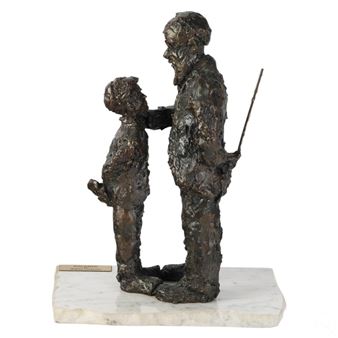 A standing male figure holding a cane behind his back, interacting with a young boy - Irwin Hyman