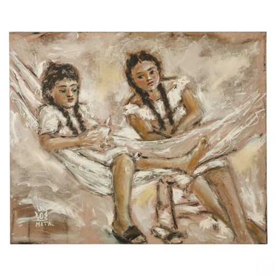 Two Girls On A Hammock - Argentinian School, 20th Century