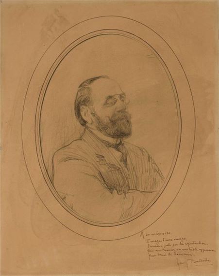 Emile Zola, reproduction of a pencil drawing mounted on cardboard, handwritten text signed by Henry Bataille, folio - Emile Zola