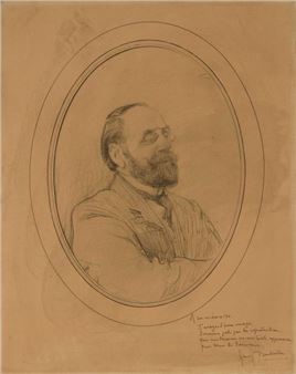 Emile Zola, reproduction of a pencil drawing mounted on cardboard, handwritten text signed by Henry Bataille, folio - Emile Zola