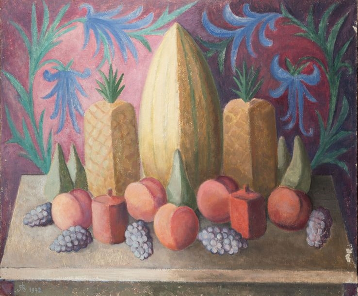 Artwork by Alevtina Vlassova, . Still life with melon and pineapple cubes. 1972. Oil on canvas. 80 x 95 cm. Monogrammed and dated lower left. Signed, Made of Oil on canvas