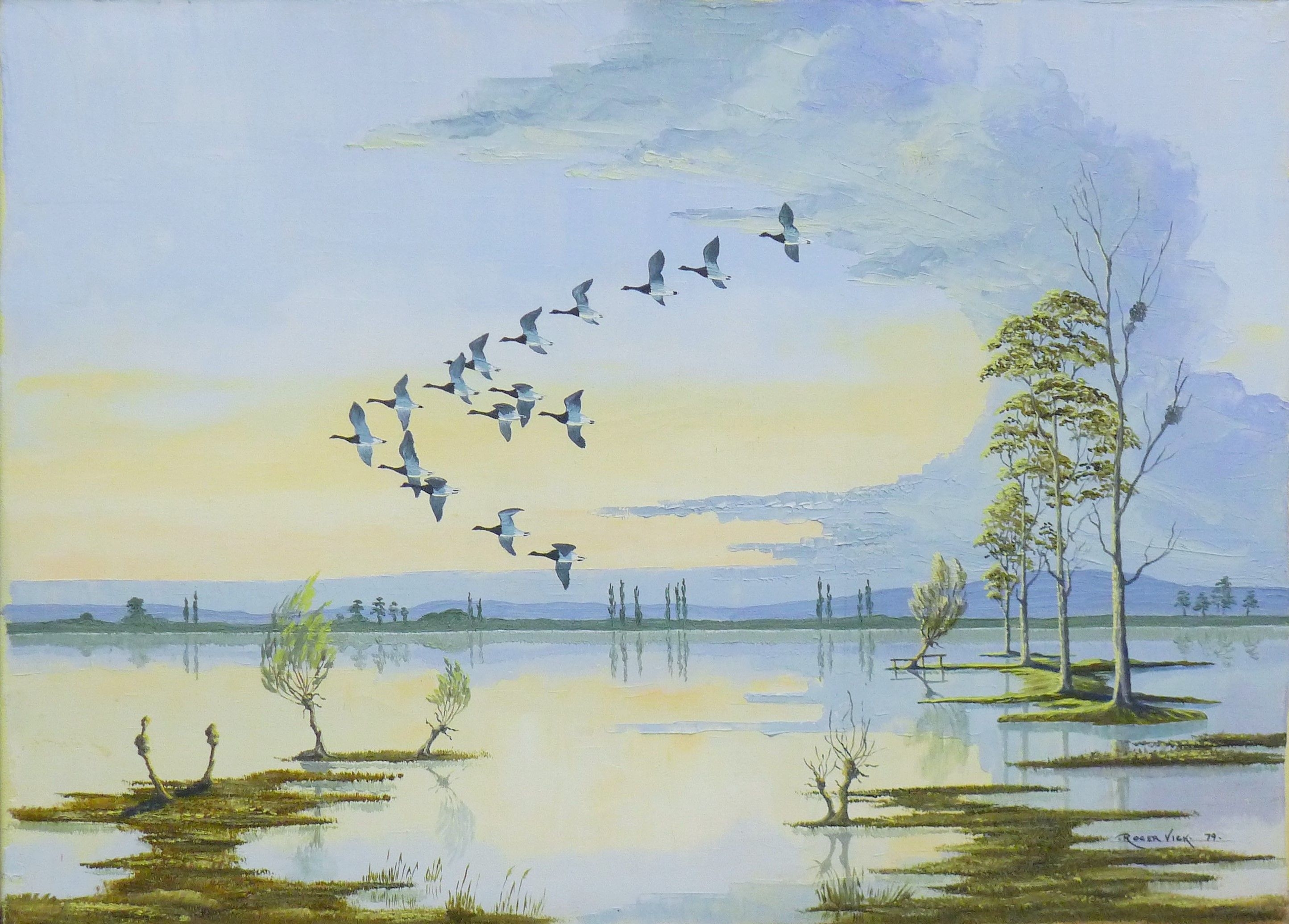 Artwork by Roger Vick, Skein of Brents Over the Flood, Made of oil on canvas