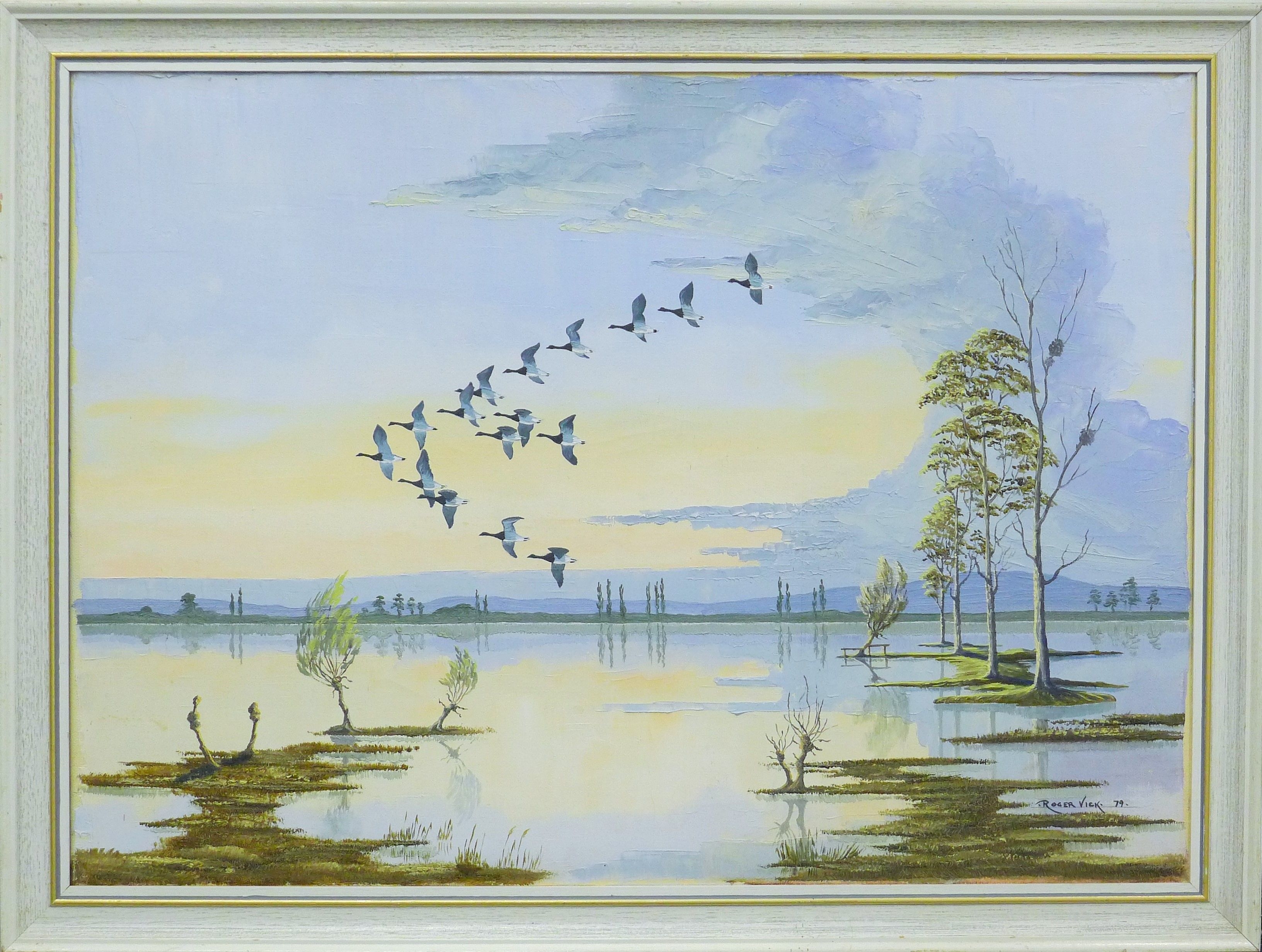 Artwork by Roger Vick, Skein of Brents Over the Flood, Made of oil on canvas