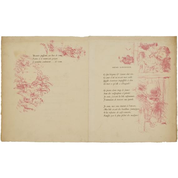 An open vintage-style book with red ink illustrations and French text on aged paper.