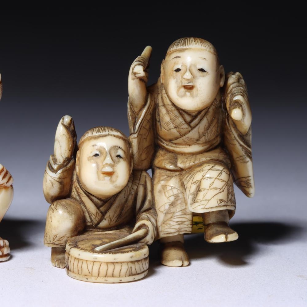 Artwork by Japanese School, Two Children Dancing And Playing Musical Instruments; A Seated Woman Eating Fruit With Puppy Dog By Her Side