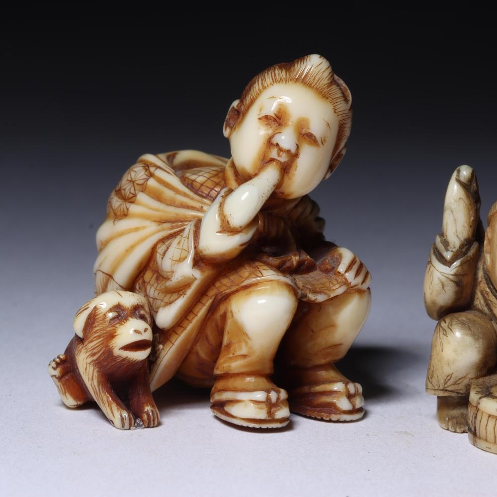 Artwork by Japanese School, Two Children Dancing And Playing Musical Instruments; A Seated Woman Eating Fruit With Puppy Dog By Her Side